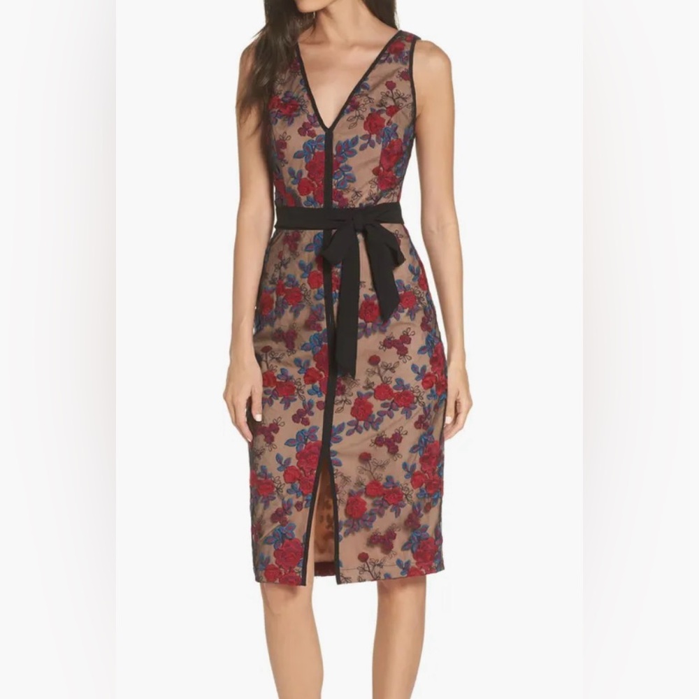 Floral Embroidered V-Neck Sheath Dress in Beige and Red